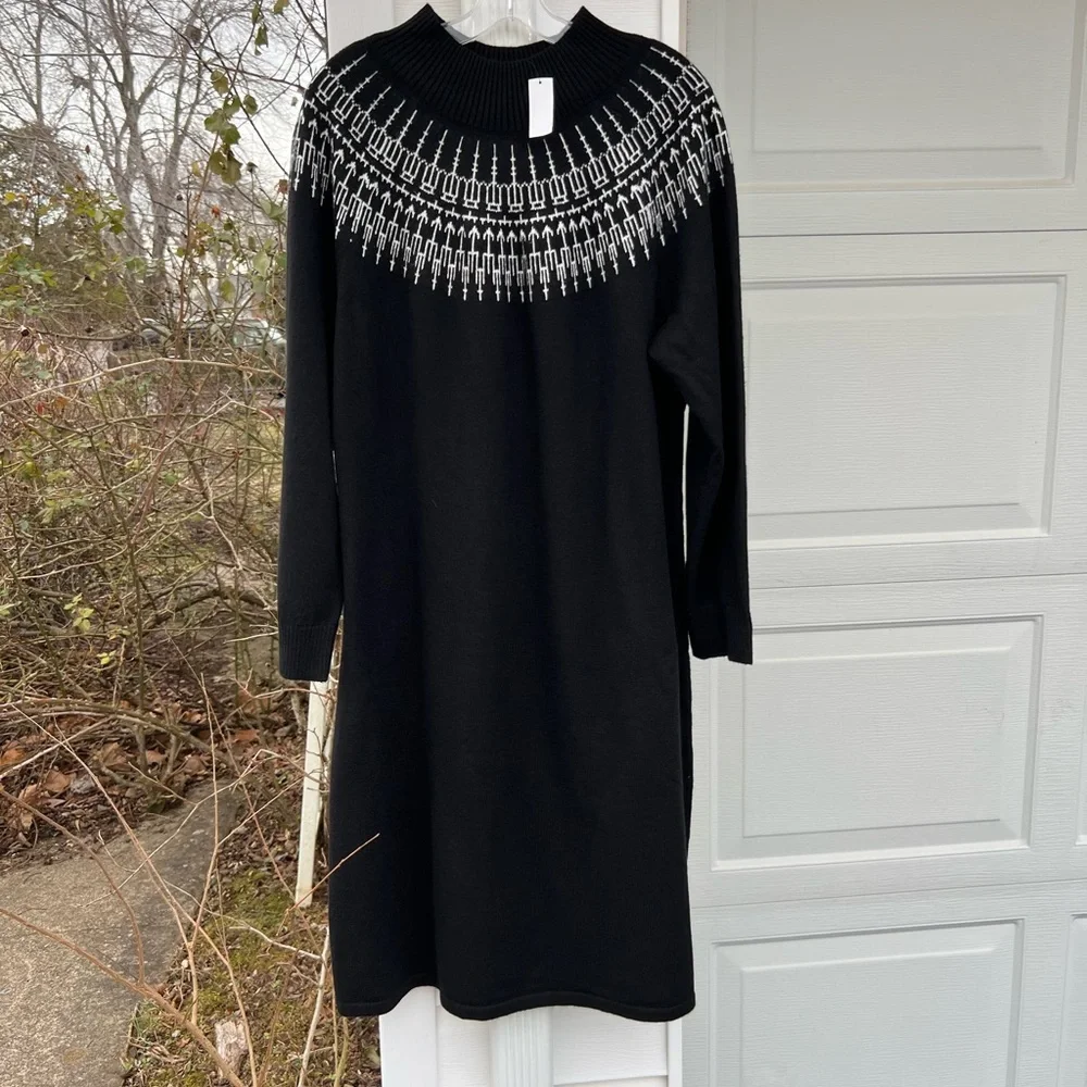 NWT Talbots Perfect For Boots! Black White High Neck Fair Isle Sweater Dress - Picture 4 of 4